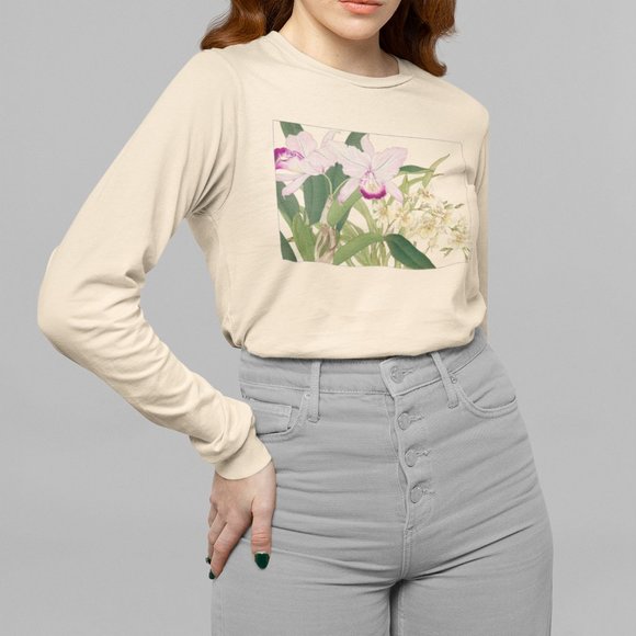 Outfit Bits Tops - Japanese Orchid Flowers Ukyio-e Print Long Sleeve Graphic Tee T-shirt S M L XL